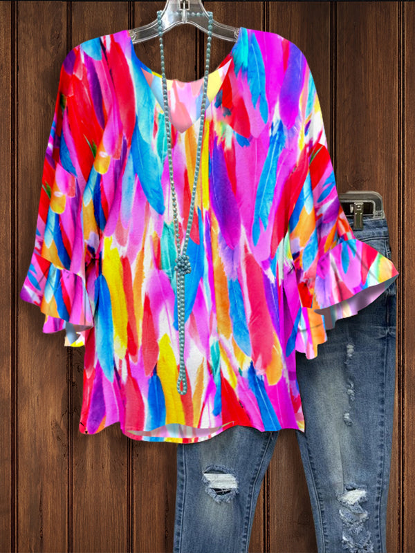 Colorful Feather Print Ruffle Sleeve Top