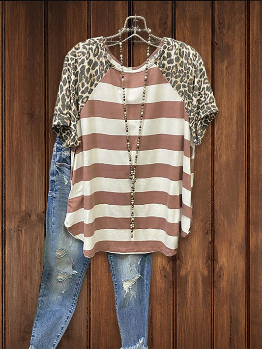 Leopard Print Short Sleeve Striped Panel Crew Neck Loose Tee