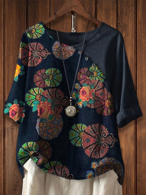 Crew Neck Patchwork Short Sleeve Floral Print Tee