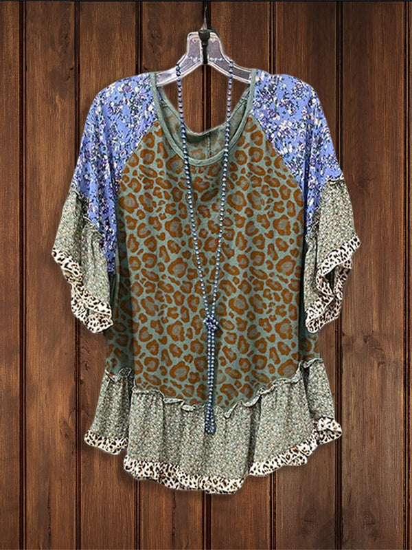 Mixed Leopard Print Ruffled Round Neck Tee