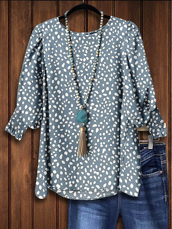 Spotted Print Gathered Sleeves Blouse