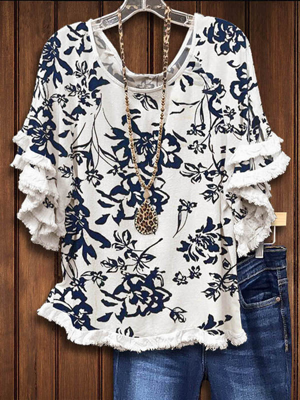 Floral Print Ruffles Fringed Blouse