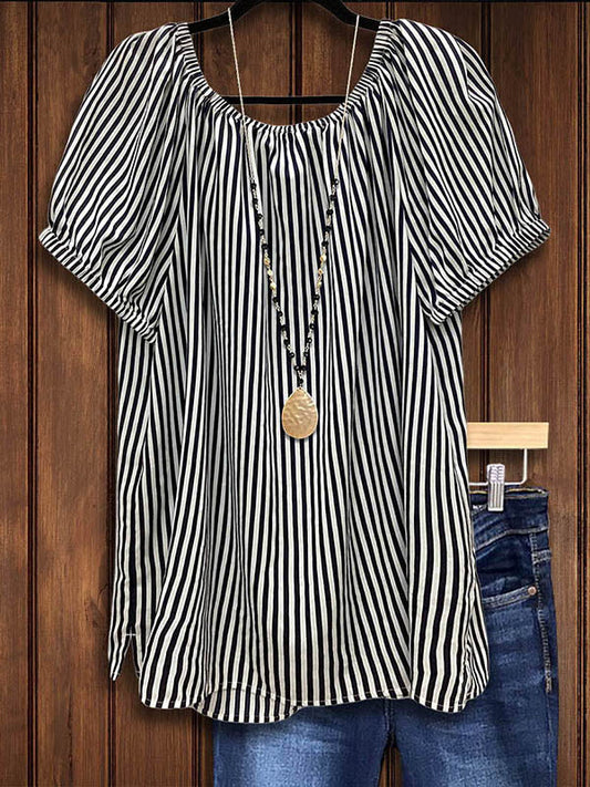 Striped Print Ruched Detail Blouse