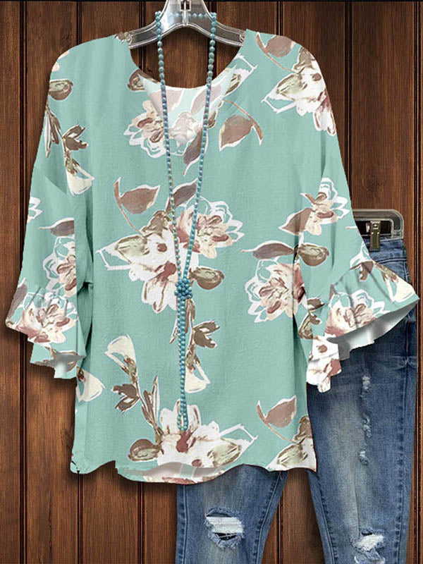 Art Floral Printed Ruffle Blouse