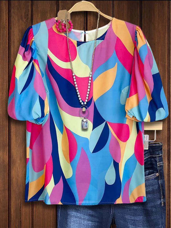 Color Block Printed Puff Sleeve Casual Blouse