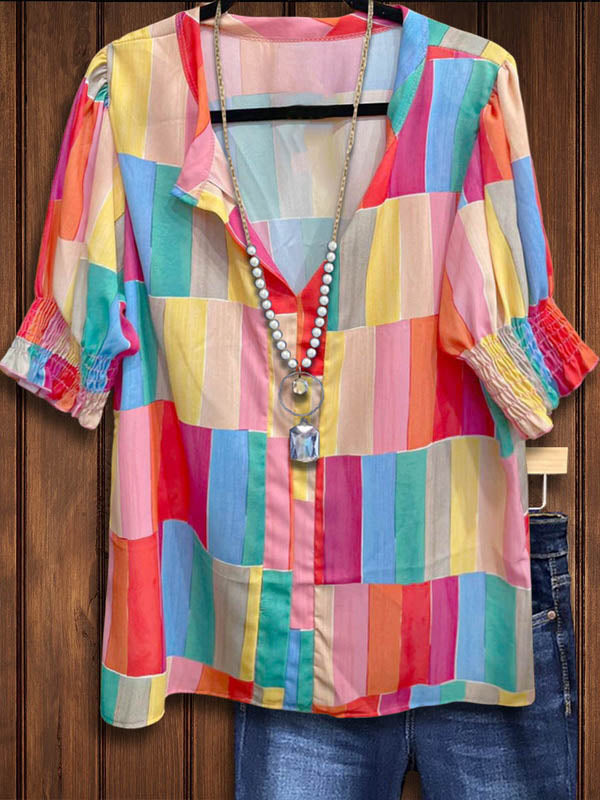 Vintage Color Block Ruffled Blouse