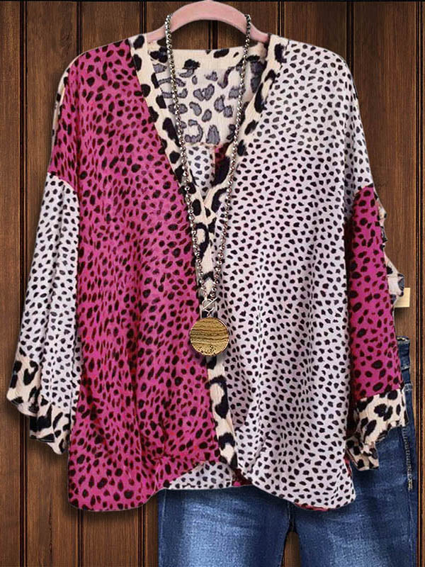 Leopard Print Patchwork Cross-Neck Casual Blouse