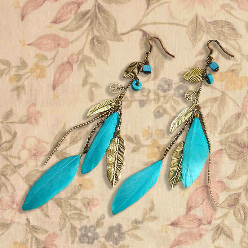 Ethnic Long Wooden Bead Feather Exotic Earrings