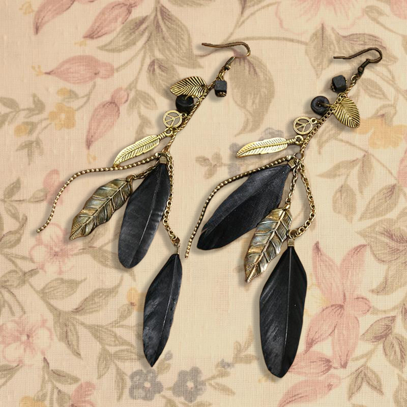 Ethnic Long Wooden Bead Feather Exotic Earrings