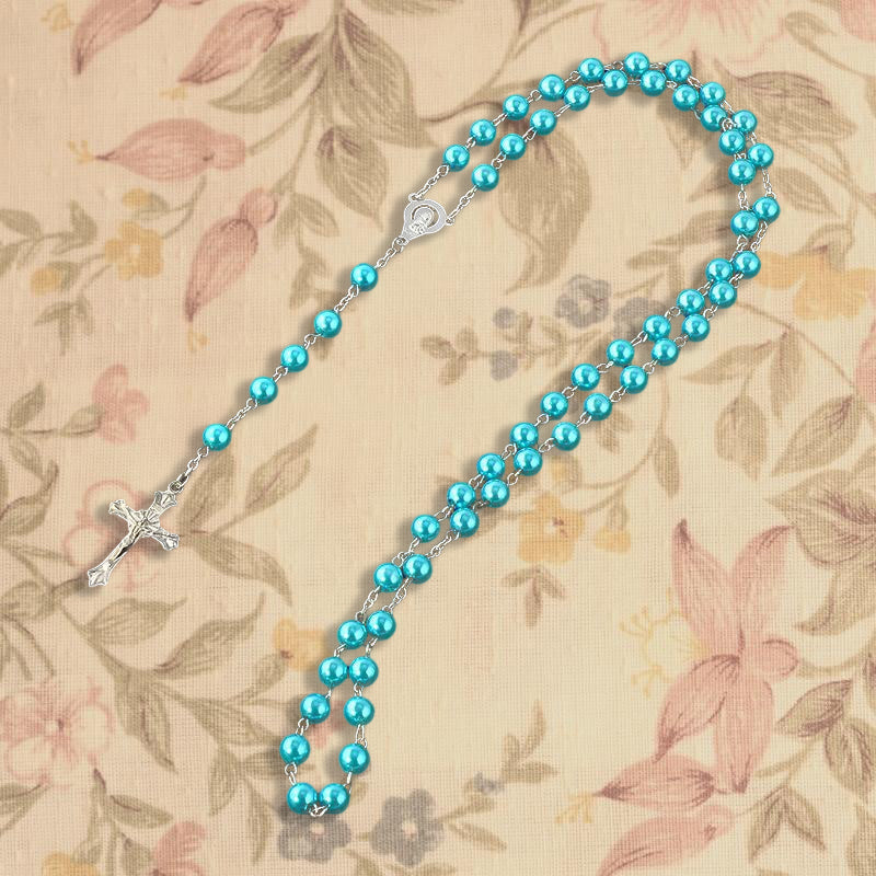 Faux Pearl Cross Rosary Long Necklace